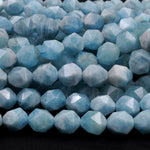Geometric Cut Diamond Star Cut Genuine 100% Natural Aquamarine Large Faceted 12mm Round Beads Nugget Blue Gemstone 16" Strand
