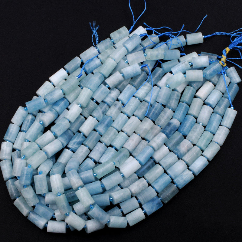 Matte Natural Aquamarine Smooth Cylinder Tube Beads High Quality Blue Aquamarine Gemstone Full 16" Strand