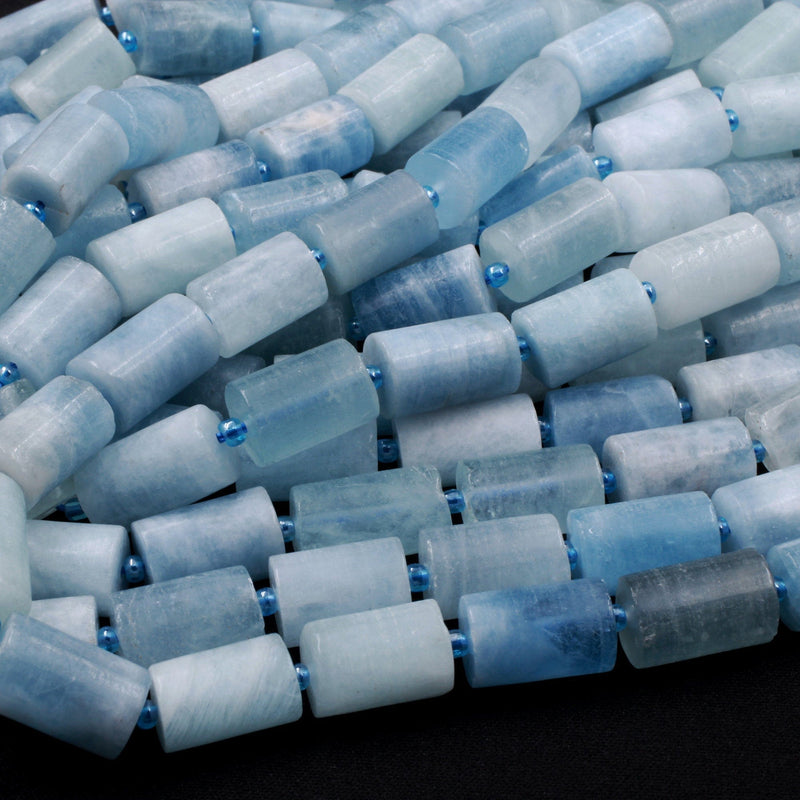 Matte Natural Aquamarine Smooth Cylinder Tube Beads High Quality Blue Aquamarine Gemstone Full 16" Strand