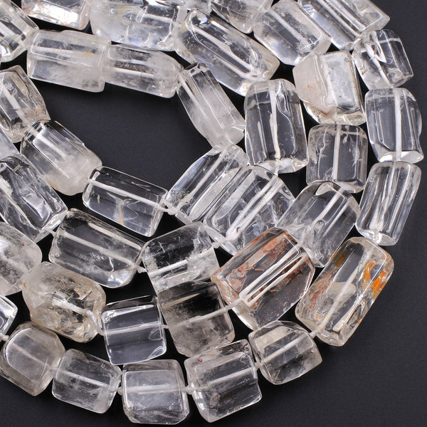 Natural Rock Crystal Quartz Beads Cylinder Large Icy Rock Crystal Faceted Tube Nugget Hand Cut Clear Raw Crystals Golden Copper 16" Strand