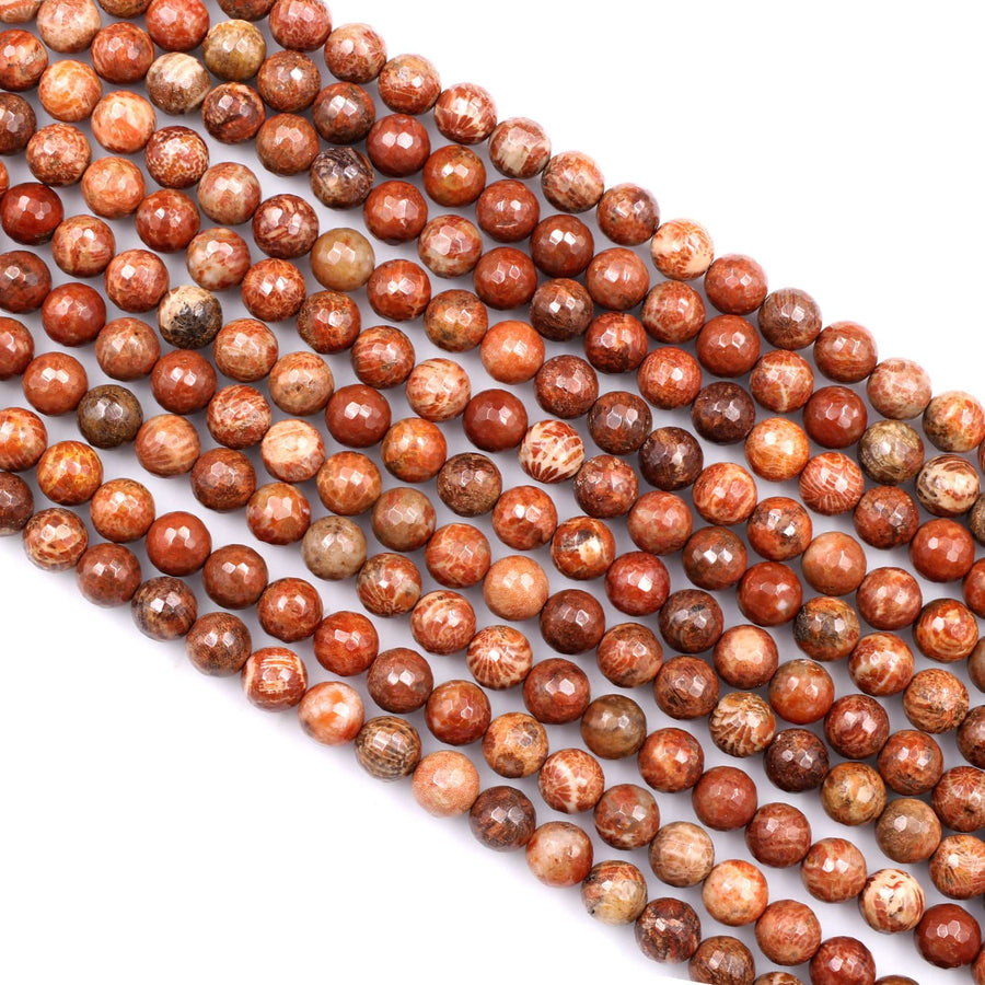 Natural Indonesian Fossil Coral Faceted Round Beads 8mm 10mm 14mm Vibrant Orange Red Coral 15.5" Strand