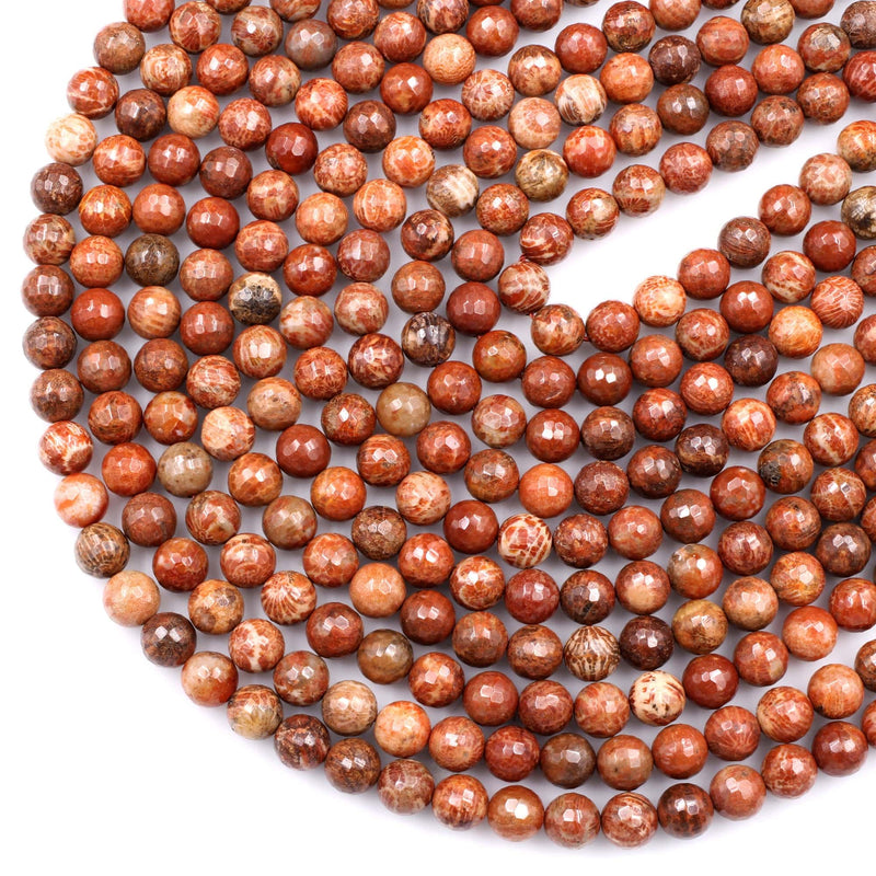 Natural Indonesian Fossil Coral Faceted Round Beads 8mm 10mm 14mm Vibrant Orange Red Coral 15.5" Strand