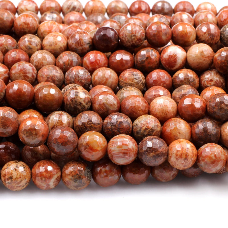 Natural Indonesian Fossil Coral Faceted Round Beads 8mm 10mm 14mm Vibrant Orange Red Coral 15.5" Strand