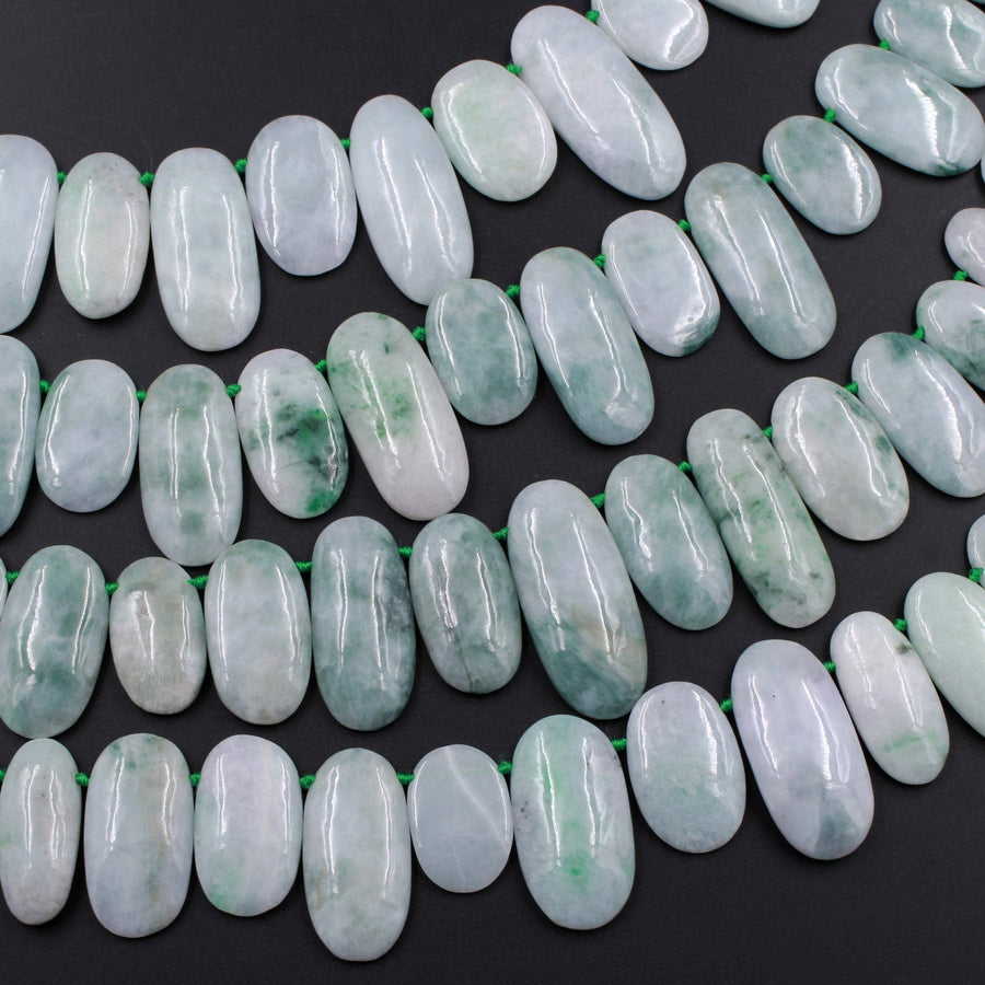 Natural Burmese Jade Beads Smooth Flat Oval Pebble Top Side Drilled Genuine Green Burma Jade Gemstone Beads 16" Strand
