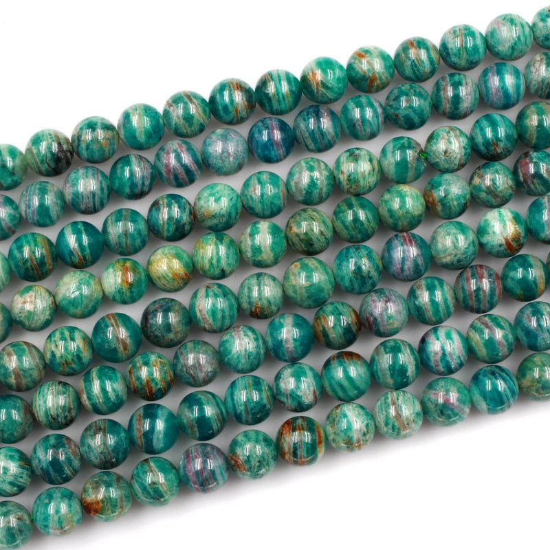 Rare! Banded Russian Amazonite 8mm 10mm Round Beads W Gold Pink Iron Matrix 16" Strand