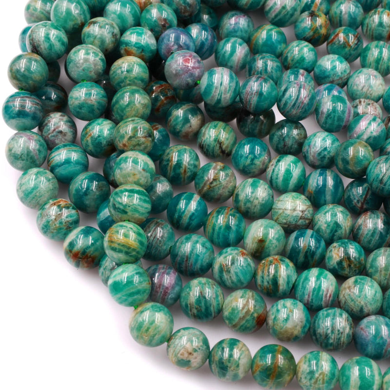 Rare! Banded Russian Amazonite 8mm 10mm Round Beads W Gold Pink Iron Matrix 16" Strand