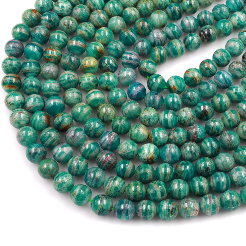 Rare! Banded Russian Amazonite 8mm 10mm Round Beads W Gold Pink Iron Matrix 16" Strand