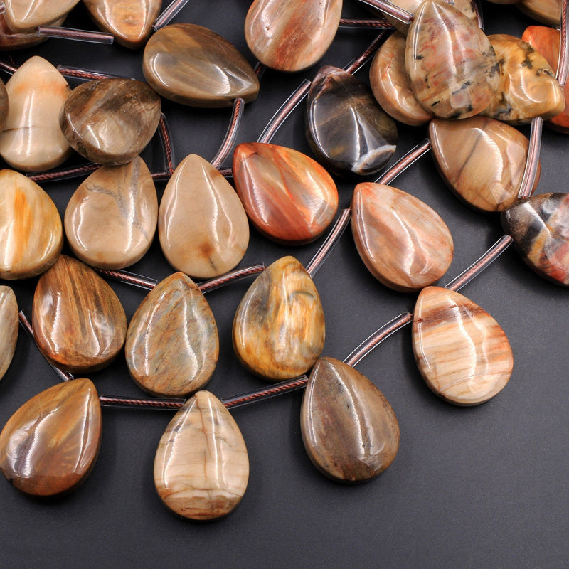 Large Natural Petrified Wood Teardrop Briolette Pendant Beads Top Side Drilled Earthy Brown Tan Gemstone 16" Strand