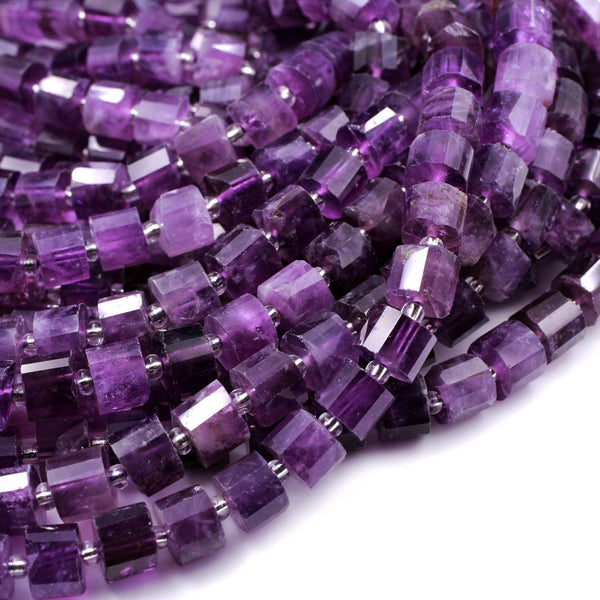 Faceted Natural Amethyst Wheel Heishi rondelle Tube Beads Short Cylinder 8x6mm 16" Strand