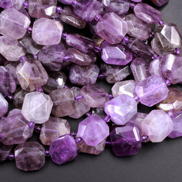 Faceted Natural Violet Purple Amethyst Square 15mm Octagon Beads Center Drilled Cushion Nugget Thin Flat Slice Gemstone 16" Strand