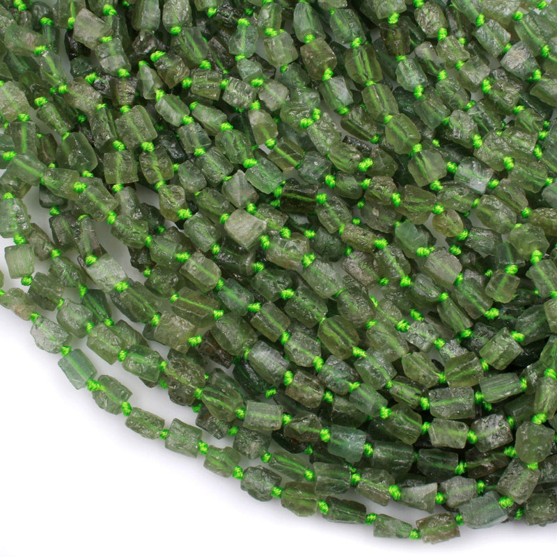 Natural Green Garnet Tube Rectangle Beads Matte Raw Green Garnet Gemstone Organic Hand Hammered Nugget 16" Strand