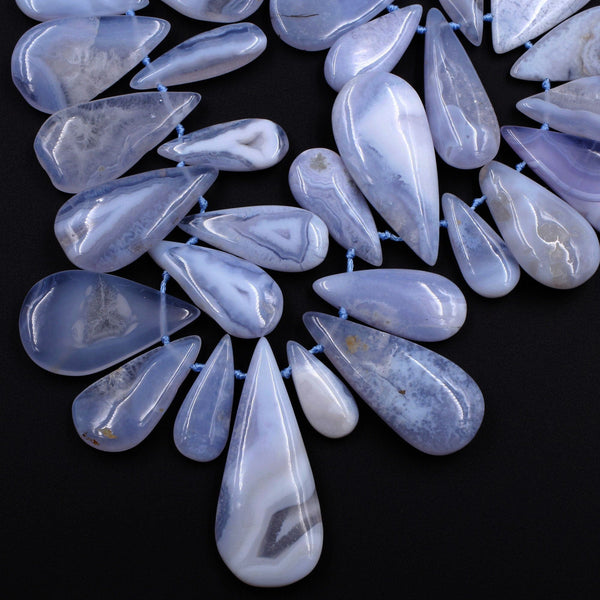 Side Drilled Blue Chalcedony Freeform Teardrop Beads Natural Blue Lace Agate Large Long Focal Pendant Beads Designer Quality 16" Strand