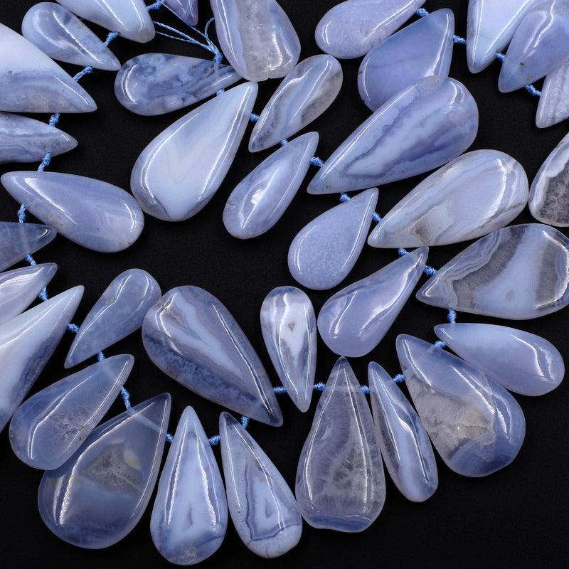 Side Drilled Blue Chalcedony Freeform Teardrop Beads Natural Blue Lace Agate Large Long Focal Pendant Beads Designer Quality 16" Strand