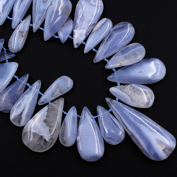 Side Drilled Blue Chalcedony Freeform Teardrop Beads Natural Blue Lace Agate Large Long Focal Pendant Beads Designer Quality 16" Strand