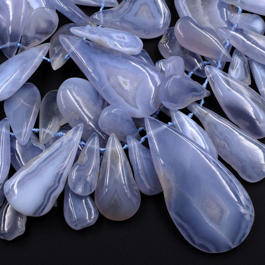 Side Drilled Blue Chalcedony Freeform Teardrop Beads Natural Blue Lace Agate 15.5" Strand