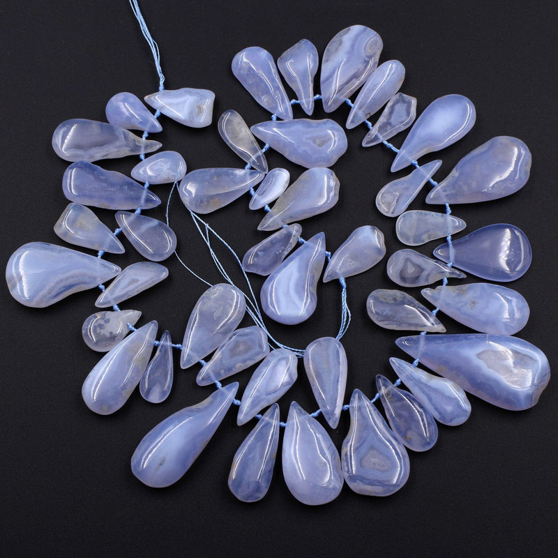 Side Drilled Blue Chalcedony Freeform Teardrop Beads Natural Blue Lace Agate Large Long Focal Pendant Beads Designer Quality 16" Strand