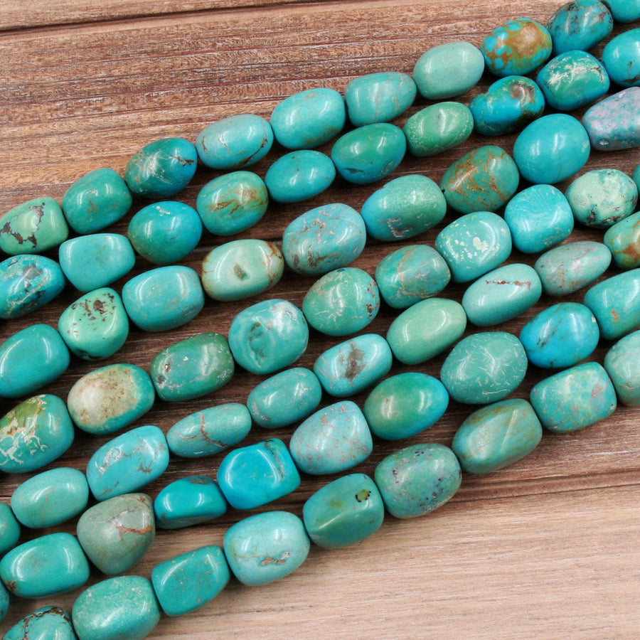 Natural Turquoise Freeform Long Rounded Oval Nuggets Highly Polished Genuine Real Green Turquoise Gemstone Beads 15.5" Strand