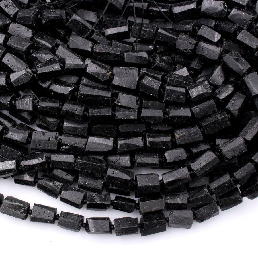 Faceted Black Tourmaline Tube Beads Nugget Real Genuine Black Tourmaline Crystal Gemstones Rectangle Cylinder Superior Quality 15.5" Strand