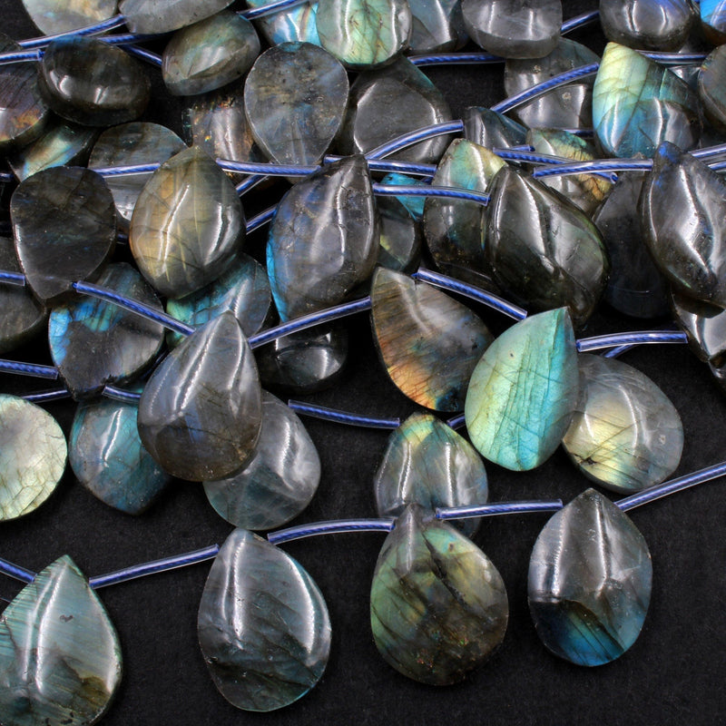 Natural Labradorite Beads Freeform Teardrop Shape Top Drilled Pendant Focal Tones of Blue Green Gold Flashes 16" Strand