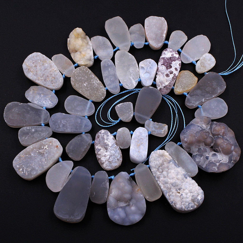 Rare Natural Blue Chalcedony Druzy Drusy Beads Hand Cut Oval Teardrop Vertically Drilled Sparkling Crystal Beads 16" Full Strand