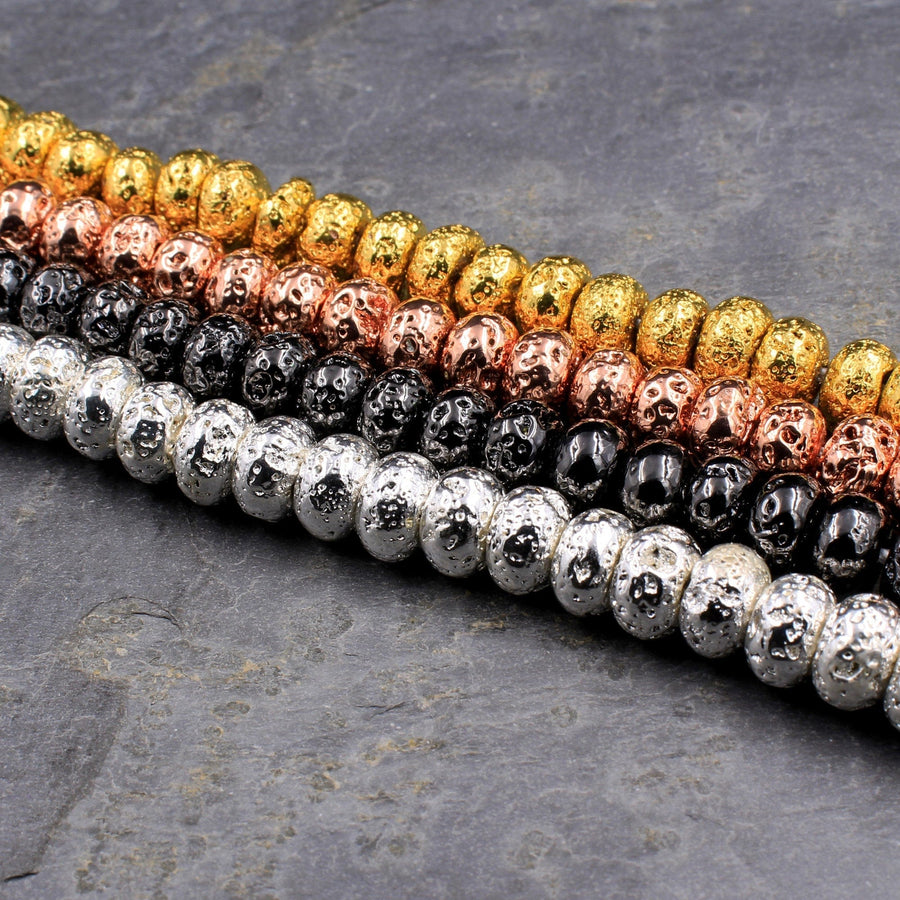 Titanium Lava Rondelle Beads 8mm Natural Volcanic Rock Stone Metallic Gold Silver Gunmetal Rose Gold Electroplated 16" Strand