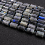 Natural Labradorite Faceted Tube Cylinder Nugget Beads Blue Flashes 15.5" Strand