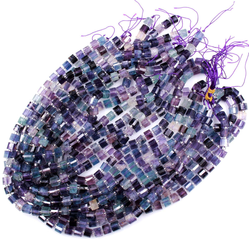 AAA Super Clear Natural Fluorite Faceted Tube Cylinder Rondelle Beads 7mm 8mm Sharp Facets Diamond Cut Purple Green Blue Gemstone 16" Strand