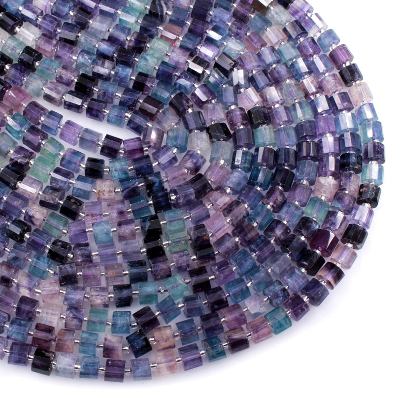 AAA Super Clear Natural Fluorite Faceted Tube Cylinder Rondelle Beads 7mm 8mm Sharp Facets Diamond Cut Purple Green Blue Gemstone 16" Strand