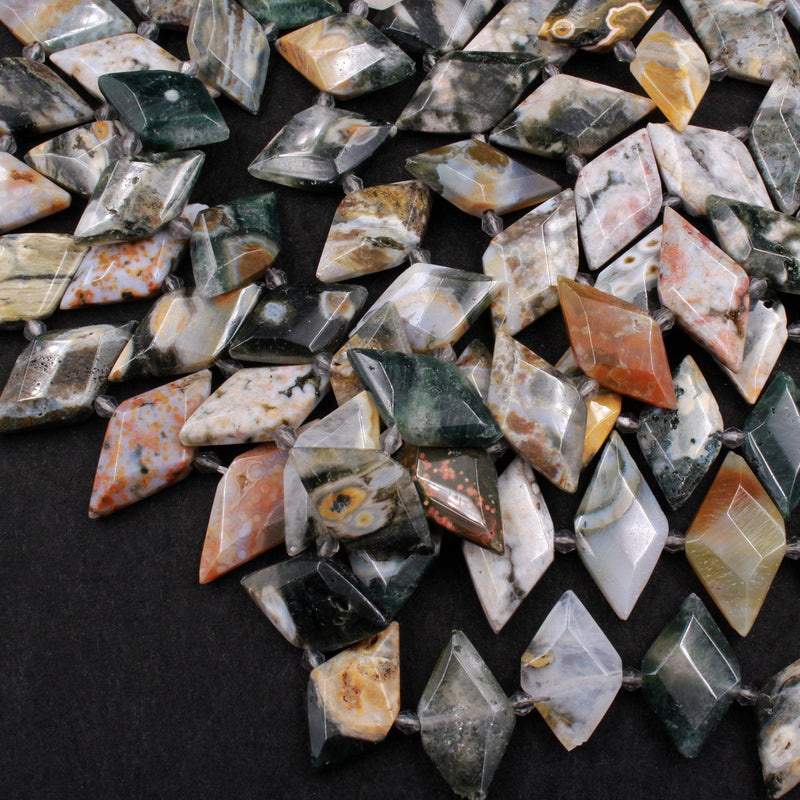 Natural Ocean Jasper Beads Faceted Kite Marquise Horse Eye Diamond Shape Center Drilled Flat Gemstone 16" Strand