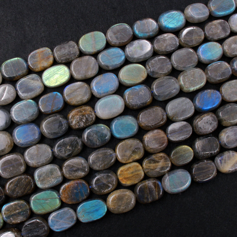 Labradorite Smooth Flat Oval Beads Natural Dark Labradorite Brilliant Blue Green Golden Flashes Fire 16" Strand