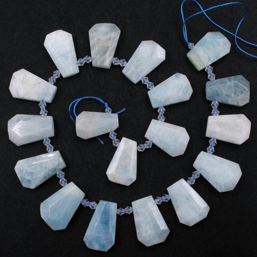 Natural Blue Aquamarine Faceted Trapezoid Rectangle Cushion Beads Unique Tapered Teardrop Shape Cut Good for Focal Pendant 16" Strand