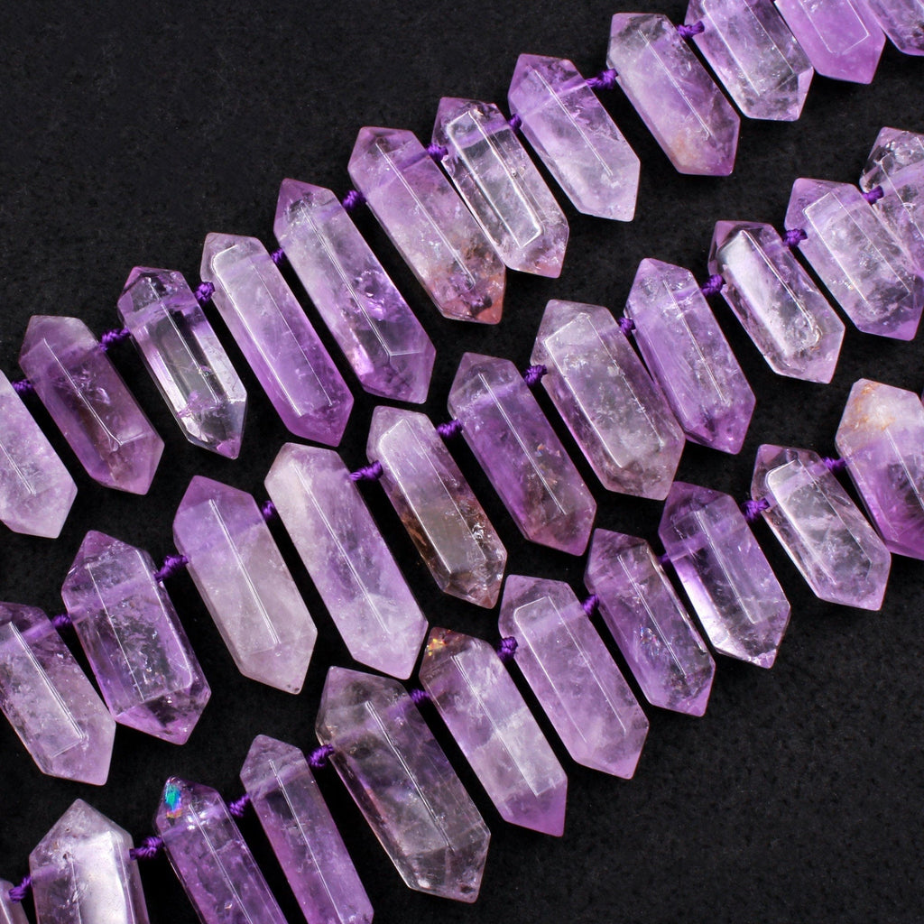 Natural Purple Amethyst Faceted Double Terminated Pointed Beads Top Drilled Large Healing Crystal Focal Pendant 16" Strand