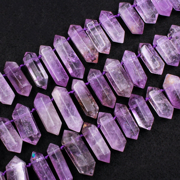 Natural Purple Amethyst Faceted Double Terminated Pointed Beads Top Drilled Large Healing Crystal Focal Pendant 16" Strand