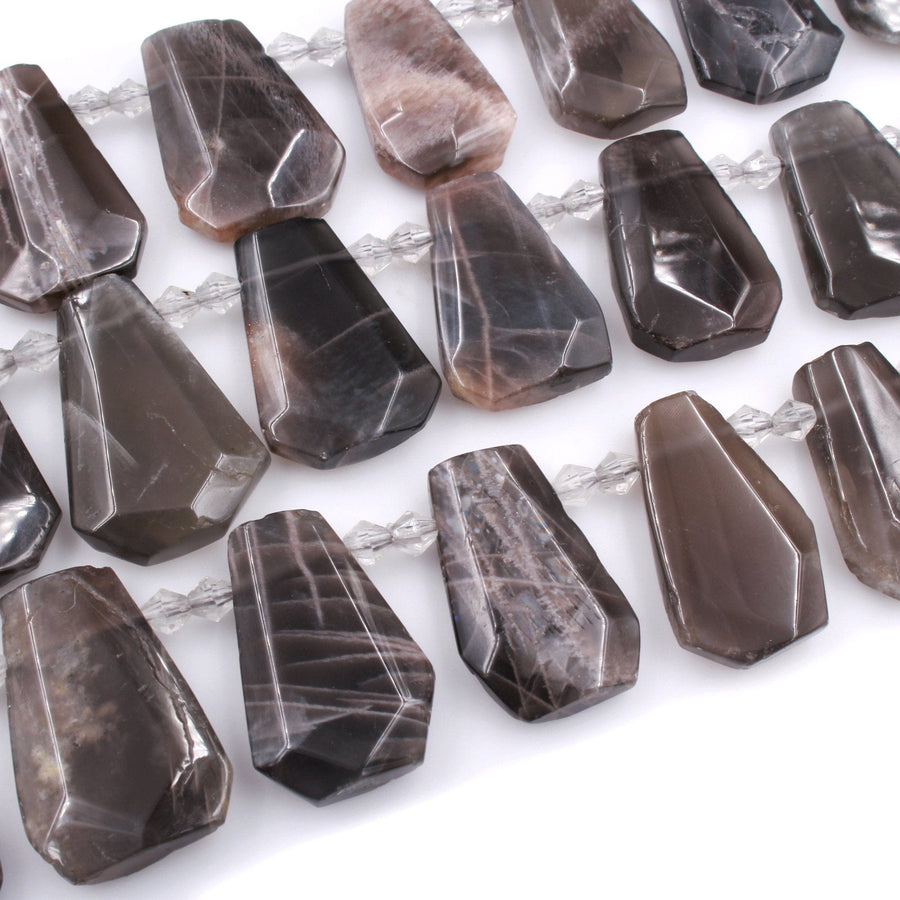 Natural Smoky Gray Moonstone Faceted Trapezoid Rectangle Cushion Beads Unique Tapered Teardrop Shape Cut Good for Focal Pendant 16" Strand