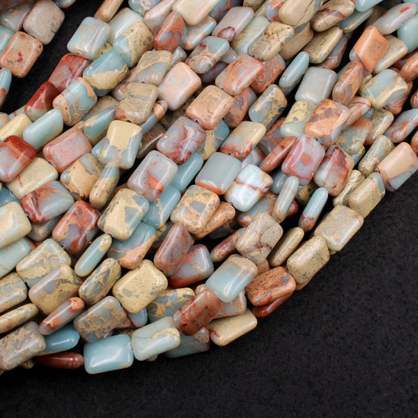 Genuine Natural Snake Skin Jasper Plain Rectangle 14x10mm Beads Earthy Blue Rusty Red Brown Tan Stone Aka African Opal 16" Strand
