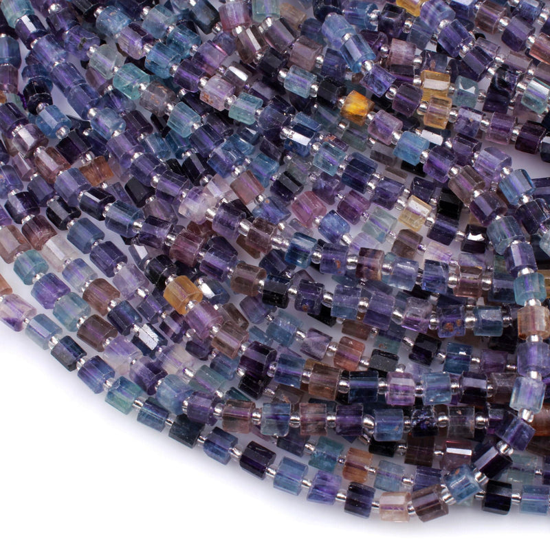 AAA Super Clear Natural Fluorite Faceted Tube Cylinder Rondelle Beads Sharp Facets Laser Diamond Cut Purple Green Blue Gemstone 16" Strand