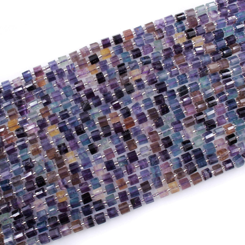 AAA Super Clear Natural Fluorite Faceted Tube Cylinder Rondelle Beads Sharp Facets Laser Diamond Cut Purple Green Blue Gemstone 16" Strand