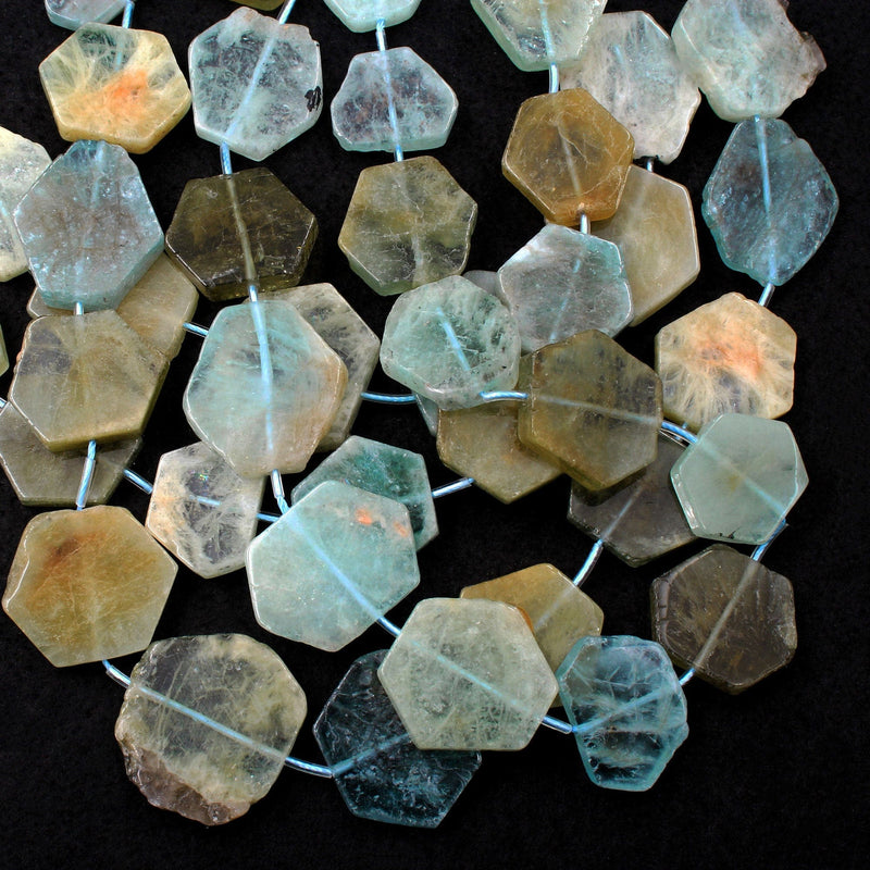 Graduated Natural Raw Aquamarine Hexagon Slice Beads Nuggets Fancy Star Cut Nuggets Organic Beads 16" Strand