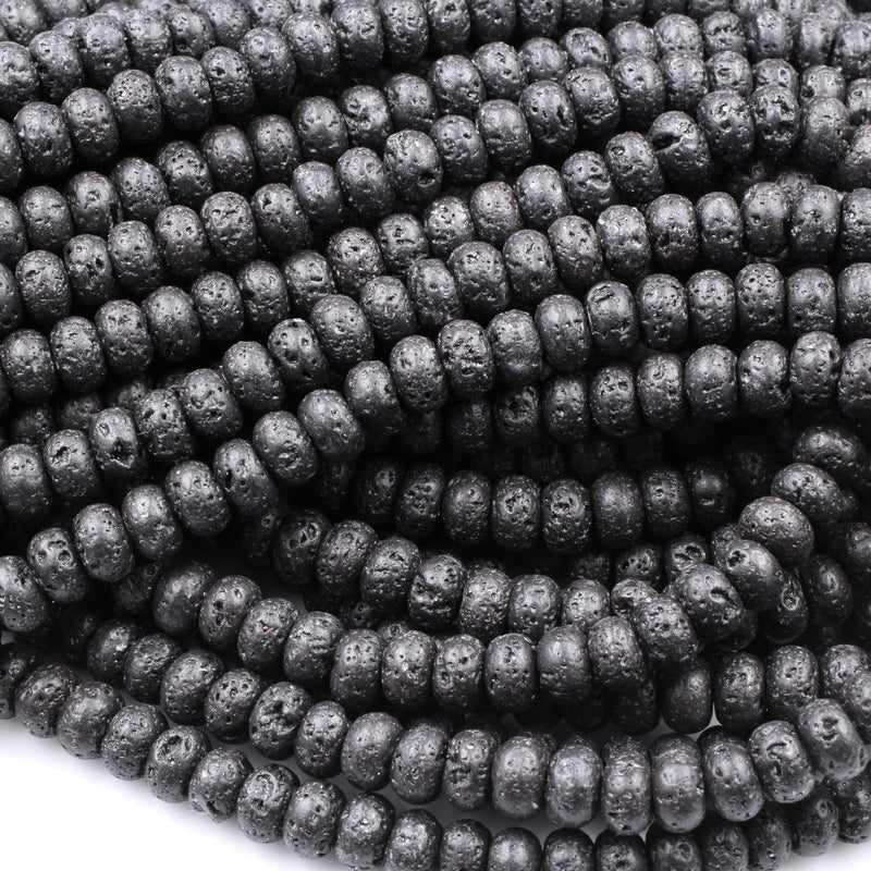 Natural Black Lava Rondelle Beads 6mm 8mm 10mm 15.5" Strand