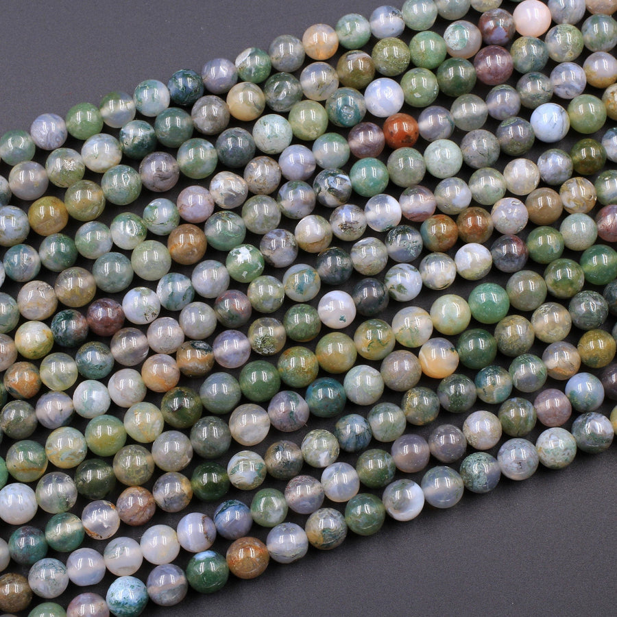 Natural Green Flower Moss Agate 6mm 8mm Round Beads High Polish Spheres 16" Strand