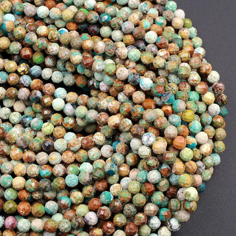 Natural Turquoise 4mm 5mm Faceted Round Beads Real Genuine Natural Brown Green Turquoise Micro Faceted Laser Diamond Cut 16" Strand