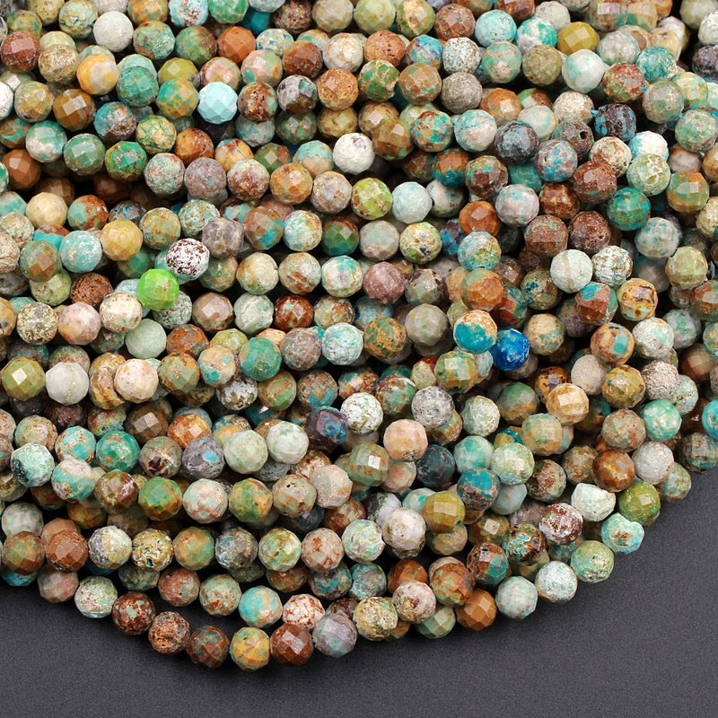 Natural Turquoise 4mm 5mm Faceted Round Beads Real Genuine Natural Brown Green Turquoise Micro Faceted Laser Diamond Cut 16" Strand