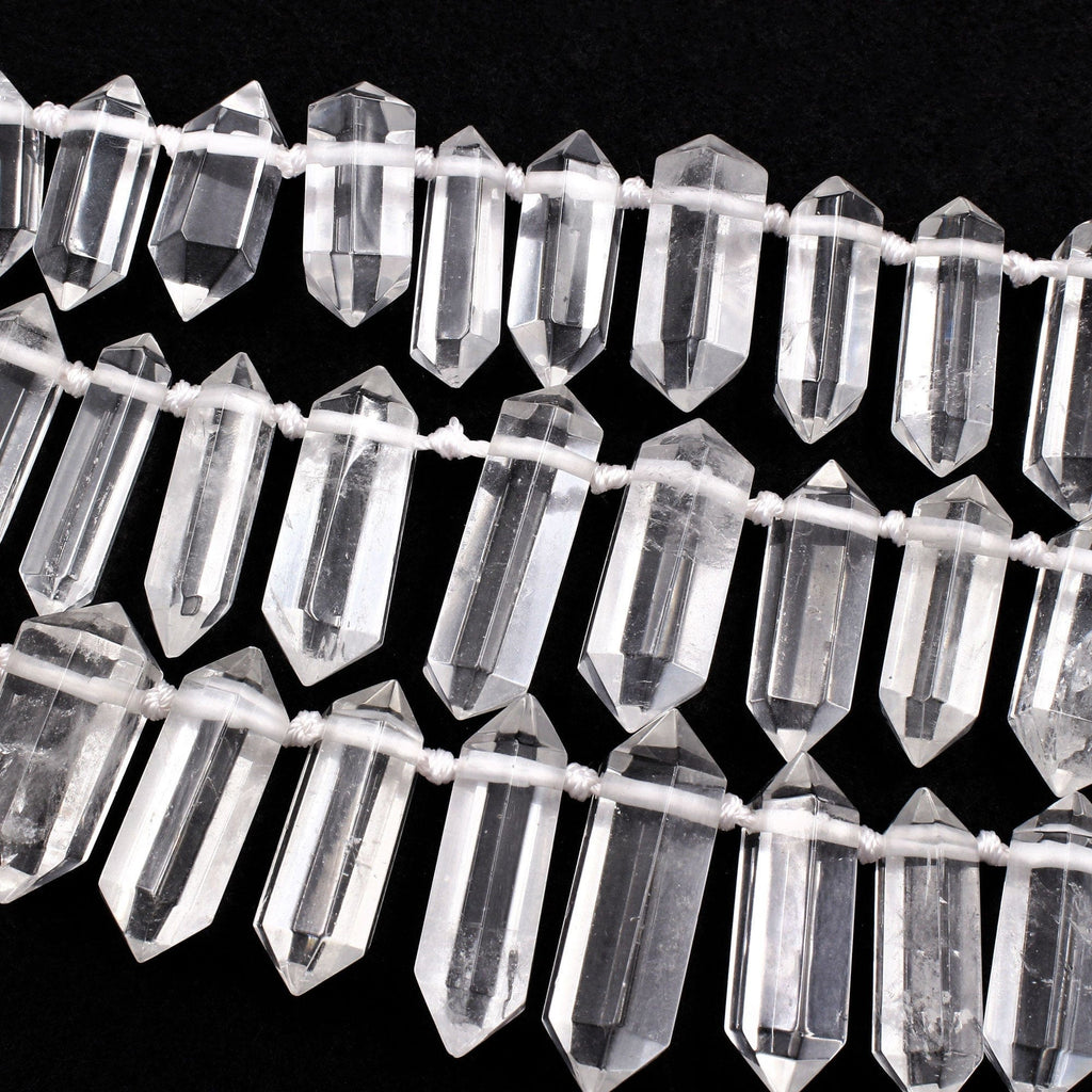 Rock Crystal Quartz Beads Faceted Double Terminated Points Large Top Side Drilled Healing Natural Quartz Focal Pendant Bead 16" Strand
