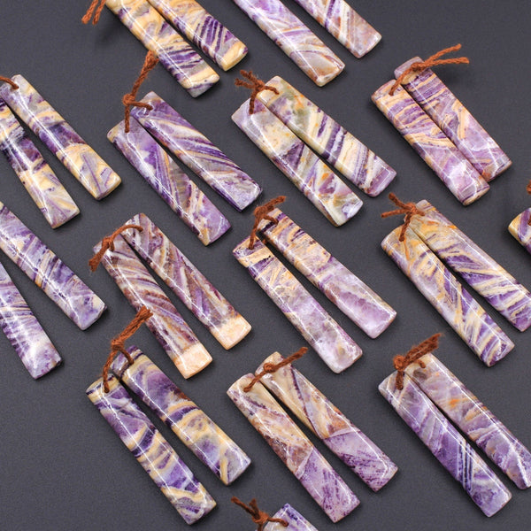 Drilled Natural Petrified Purple Yellow Fluorite Earring Pair Long Rectangle Cabochon Cab Pair Matched Earrings Beads Stone