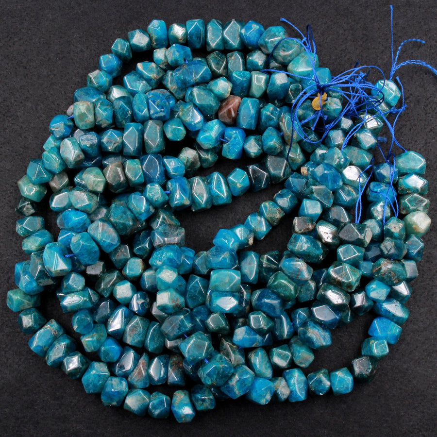 Chunky Natural Apatite Beads Faceted Rectangle Nugget Teal Blue Green Gemstone Designer Beads Unique Gem Cut 16" Strand