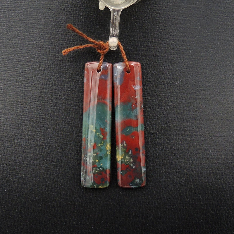 Drilled Gemstone Pair Natural Bloodstone Thin Long Rectangle Cabochon Cab Pair Matched Earrings Bead Pair Bright Green Red Stone