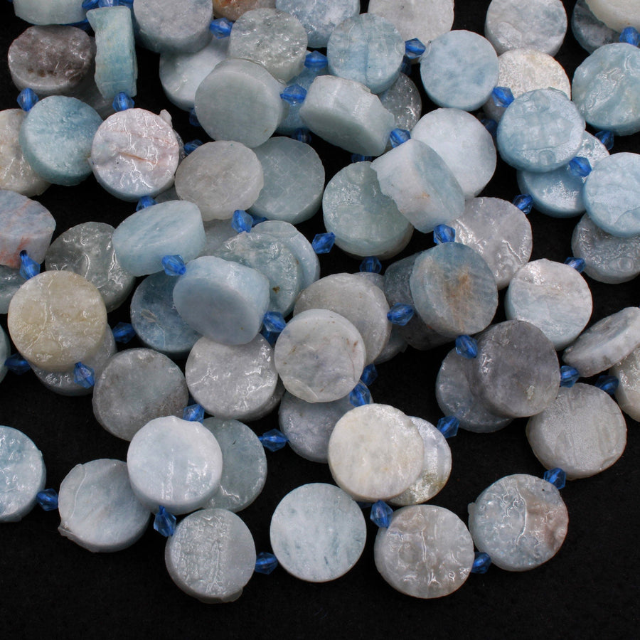 Matte Raw Rough Natural Blue Aquamarine Coin 16mm Beads Flat Round Disc Circle Druzy Earthy Organic Cut 15.5" Strand