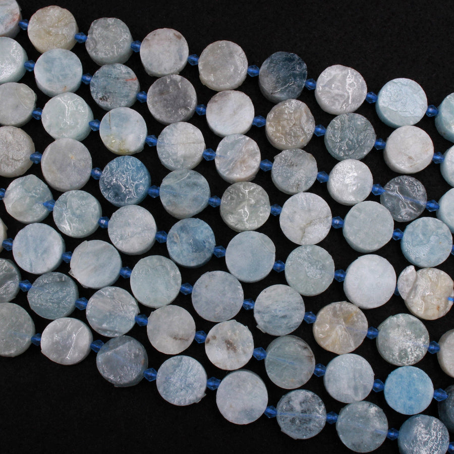 Matte Raw Rough Natural Blue Aquamarine Coin 16mm Beads Flat Round Disc Circle Druzy Earthy Organic Cut 15.5" Strand