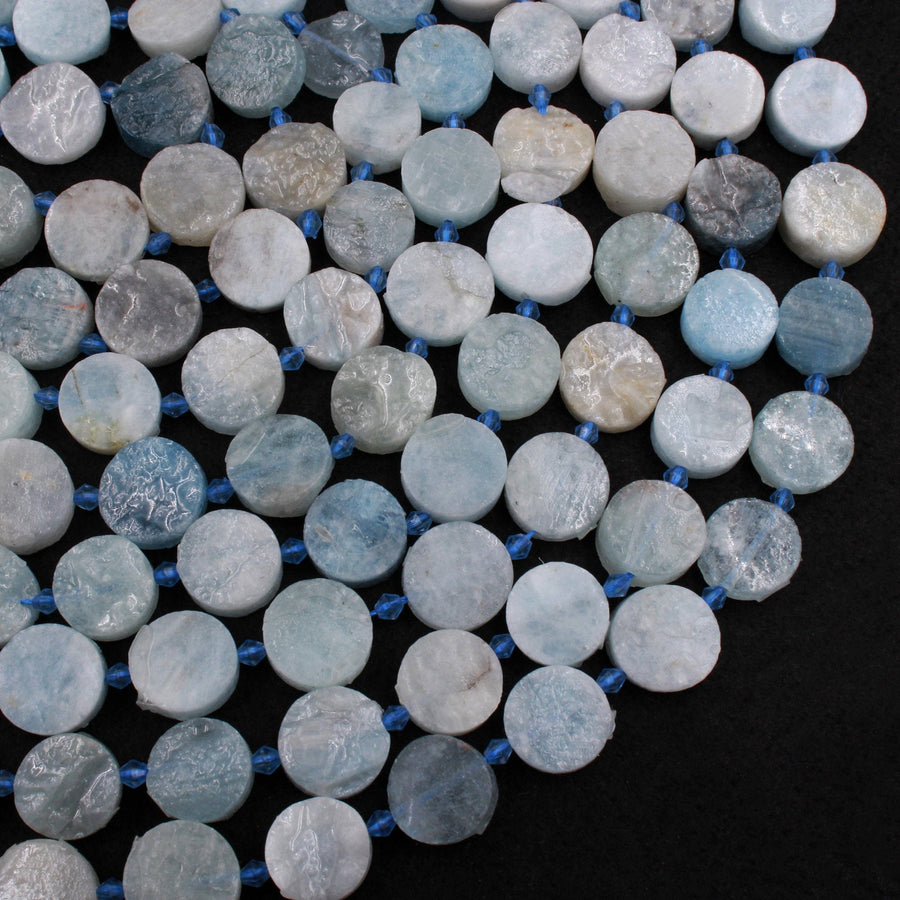 Matte Raw Rough Natural Blue Aquamarine Coin 16mm Beads Flat Round Disc Circle Druzy Earthy Organic Cut 15.5" Strand