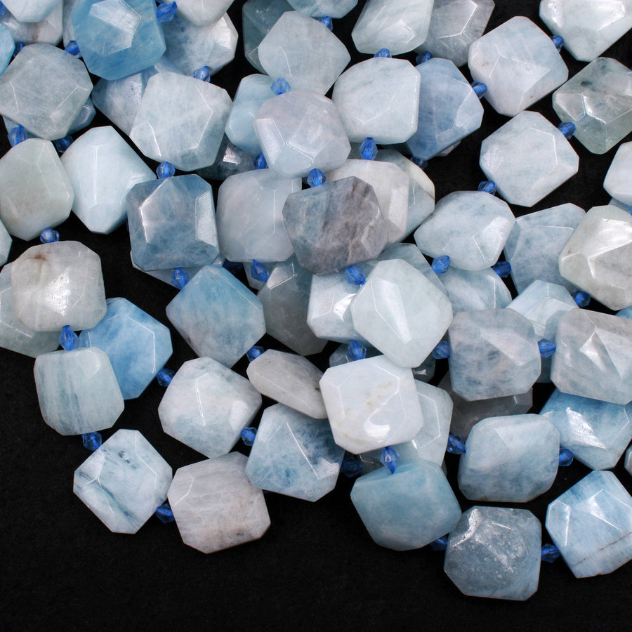 Natural Aquamarine Beads Faceted Square Hexagon Cushion Beads 15.5" Strand